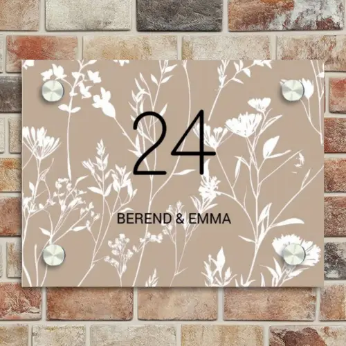 Beige bloemmotief - Klassiek Naambord Rechthoek middel -sfeer3
