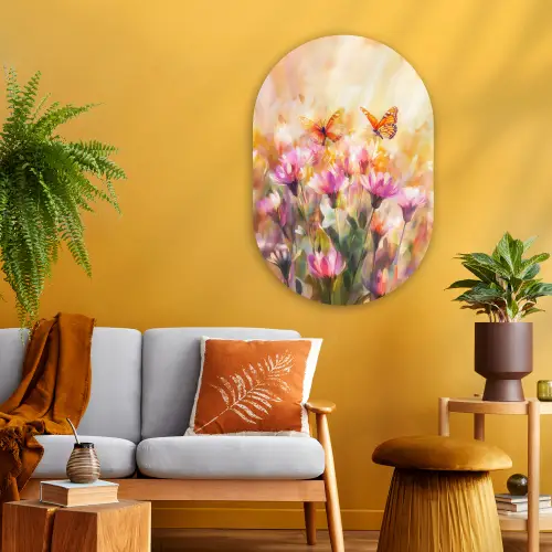 Vlinders - Oranje - Bloemen Wandcirkel Ovaal Glas middel -sfeer4