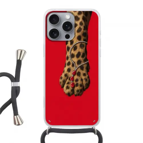 Poot - Luipaard - Ketting - Edelstenen Hoesje iPhone 16 Pro Max met koord klein -3d