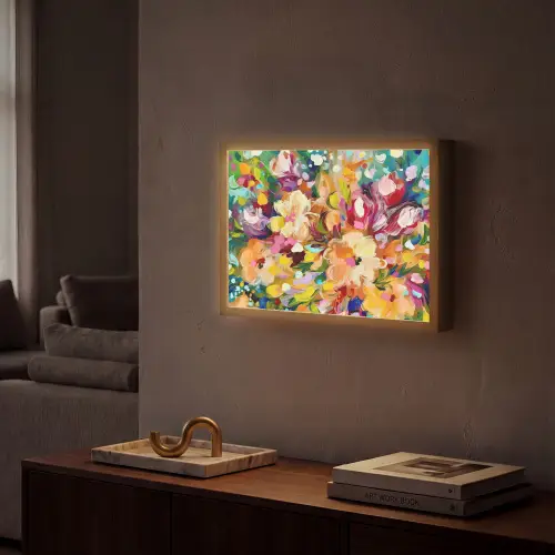 Schilderij - Olieverf - Bloemen - Regenboog Light Box met batterij (Wandlamp) middel -sfeer1