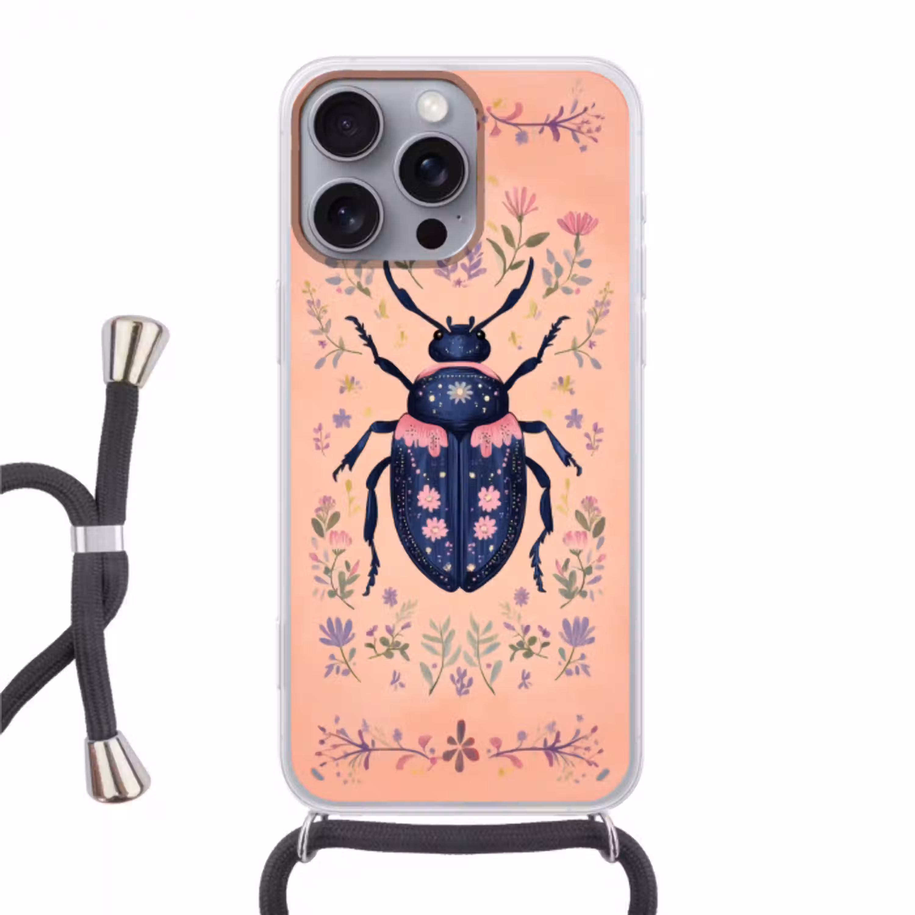 Kever - Donkerblauw - Bloemen - Sierlijk Hoesje iPhone 16 Pro Max met koord klein -3d