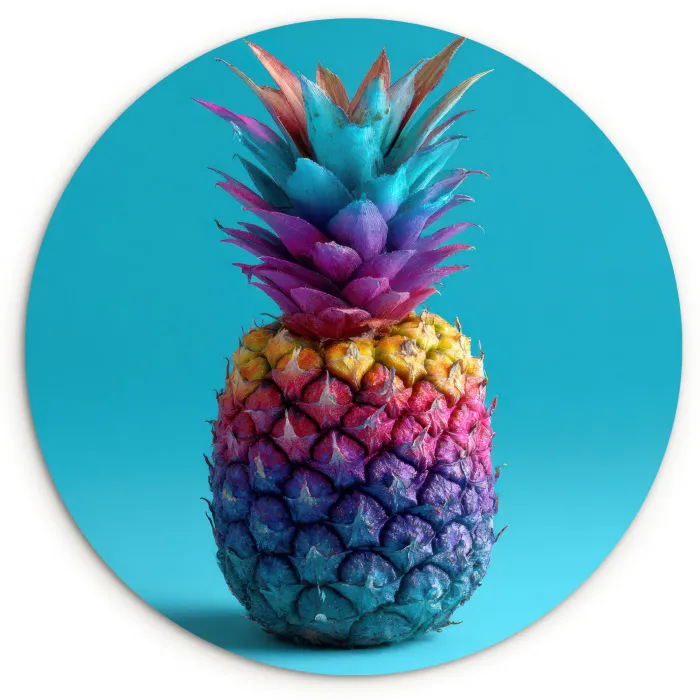 Ananas - Regenboog - Blauw - Popart Wandcirkel kunststof plaat 5mm dik klein -3d