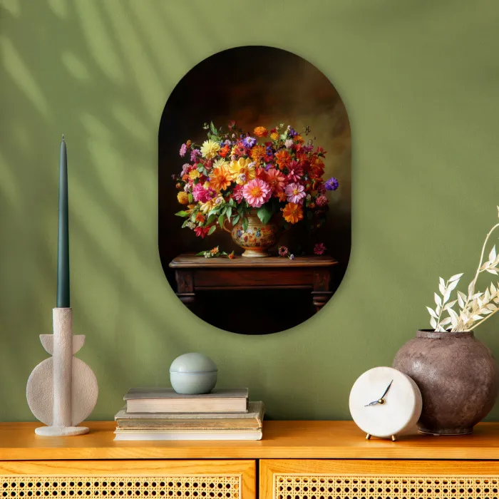 Kleuren - Boeket - Vaas - Hout Wandcirkel Ovaal Forex klein -sfeer2