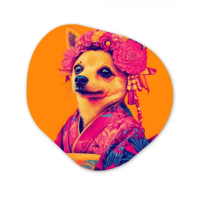 Kimono - Hondje - Bloemenkroon - Oranje Wandcirkel Organisch Forex 3mm klein -3d