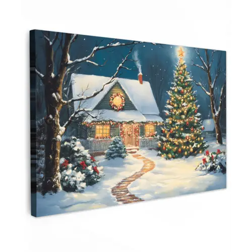 Kerst - Kerstboom - Winter - Huis - Sneeuw Tuinposter op houten frame 2 cm dik klein -3d