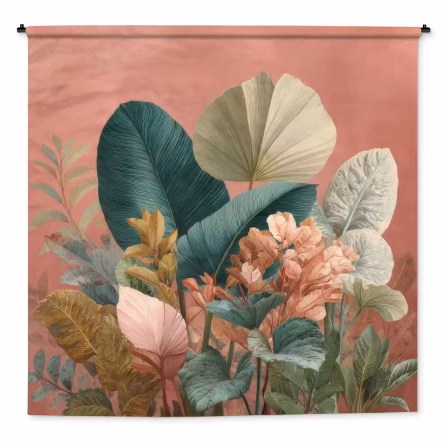 Wandkleed - Tropische bladeren - Bloemen - Roze - groen