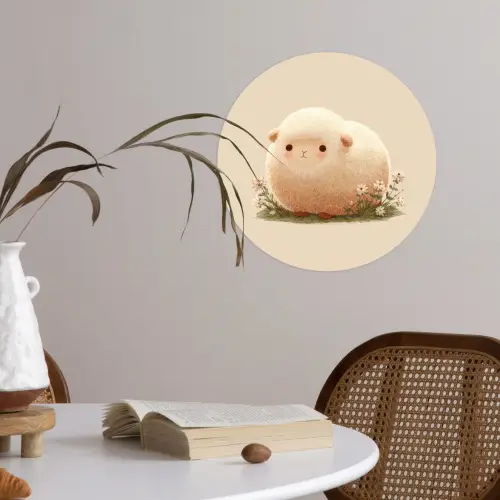 Schaap - Beige - Bloemen Wandcirkel behangsticker klein -sfeer3