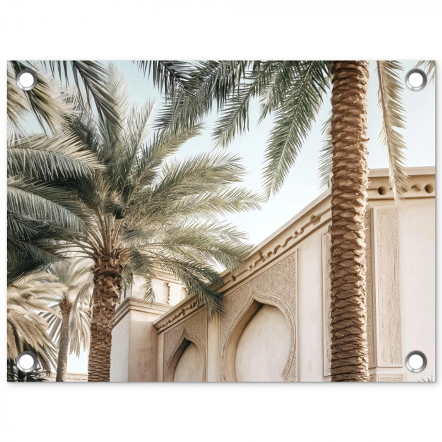 Gebouw - Palmbomen - Beige - Zon tuinposter los doek klein -3d