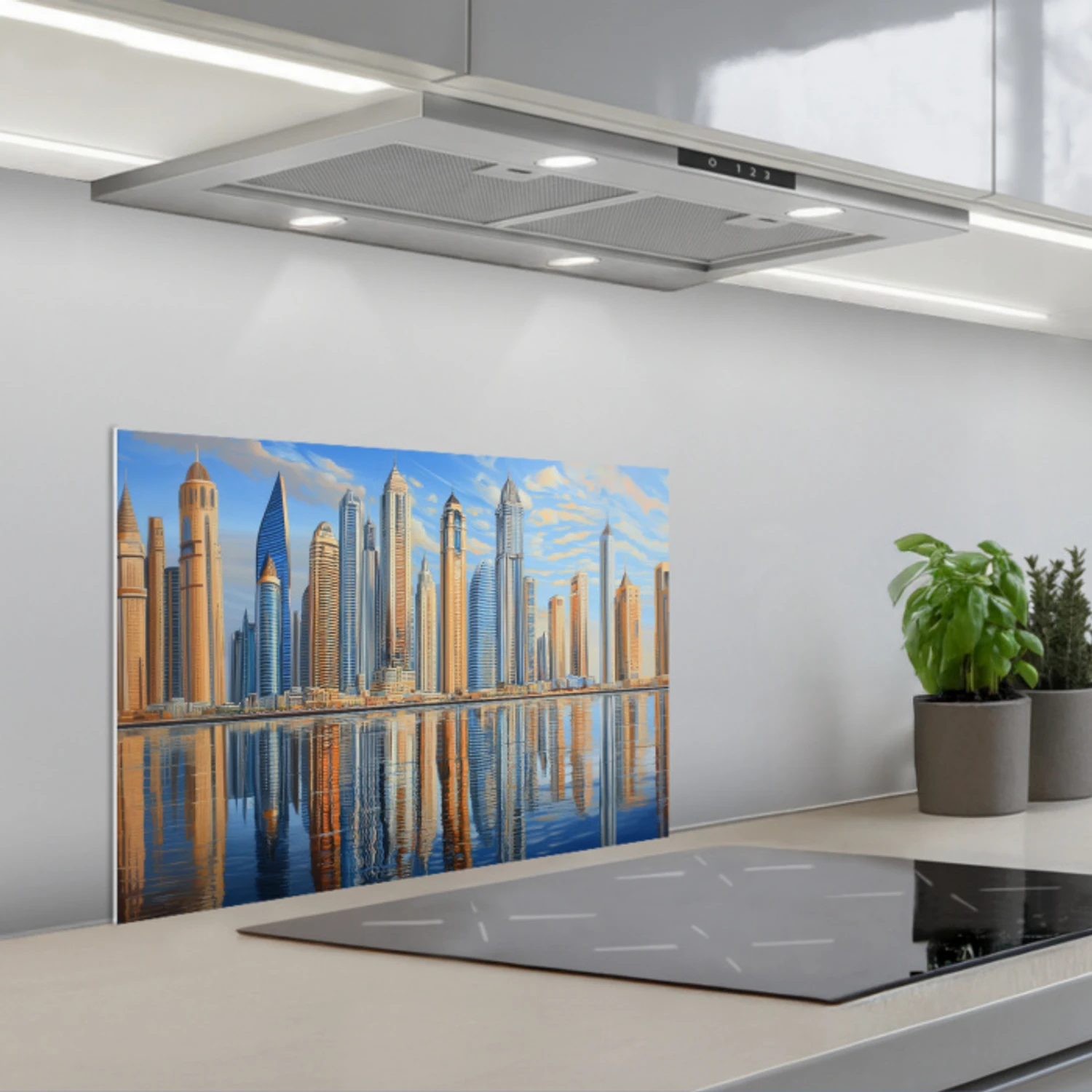 Skyline - Wolkenkrabbers - Water - Blauw keuken achterwand spatscherm klein -3d_schuin