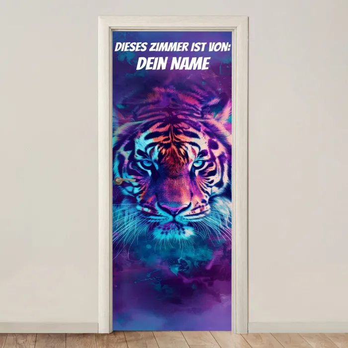 Neon-Tigerporträt mit Namensfeld. deurposter klein -3d_beige