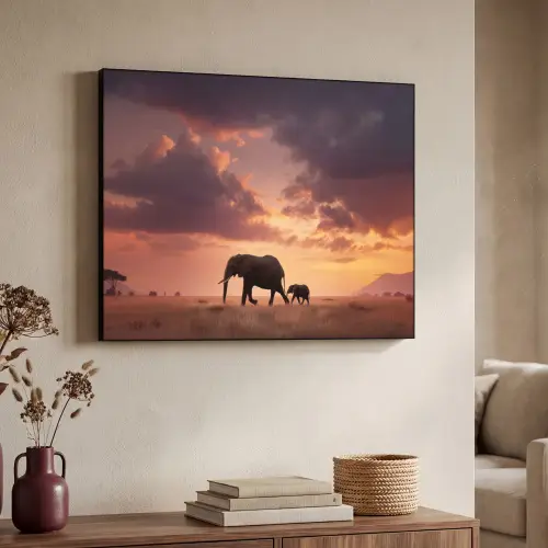 Olifanten - Grasland - Zonsondergang Textielframe zwart klein -sfeer3