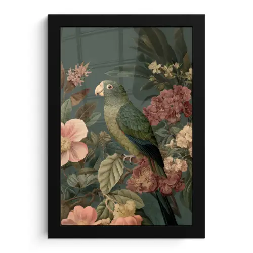 Groene papegaai - Kleurrijke bloemen - Donkere achtergrond fotolijst zwart zonder passe partout klein -3d