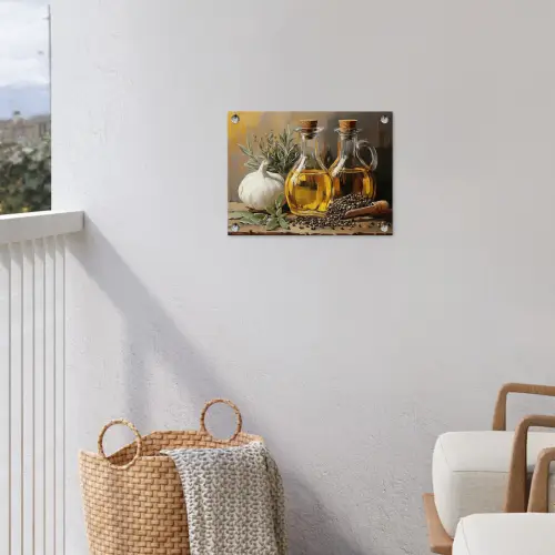 Stilleven - Olijfolie - Knoflook - Kruiden tuinposter los doek klein -sfeer8