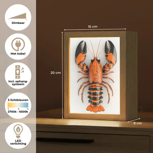 Kreeft - Zwart - Oranje - Wit - Uniek Light Box met kabel (Tafellamp) klein -USP_NL