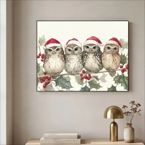 Uilen - Tak - Hulstblaadjes - Kerstmuts Textielframe zwart klein -sfeer2