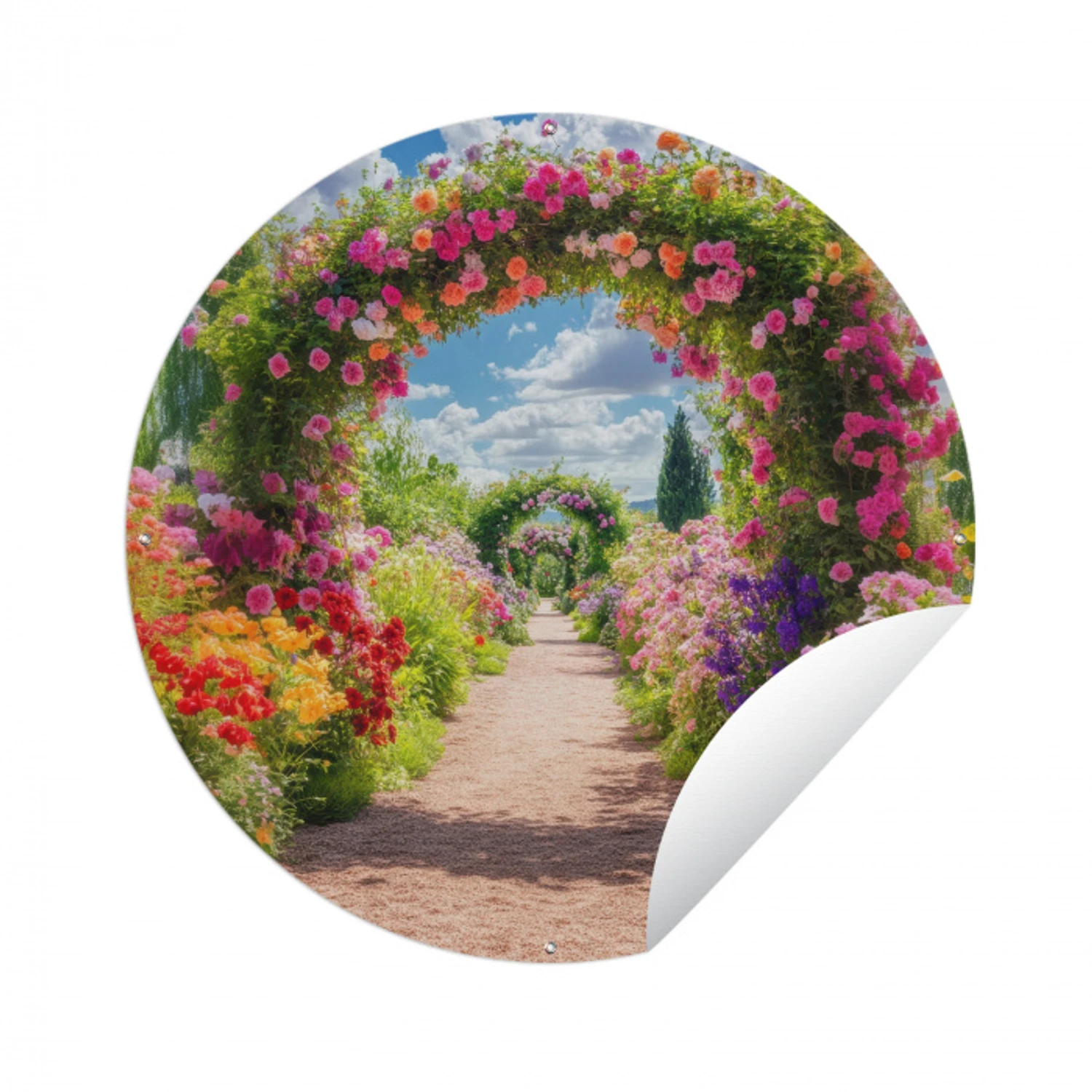 Doorkijk - Bloemen - Kleurrijk - Natuur Wandcirkel tuinposter met ringen klein -3d