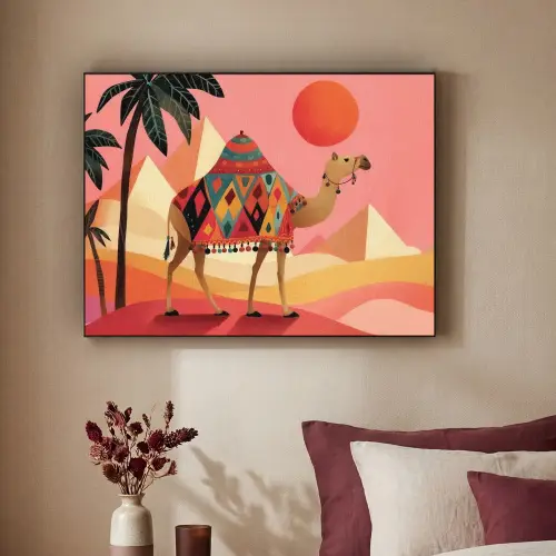 Kameel - Pyramides - Rode zon Textielframe zwart klein -sfeer1