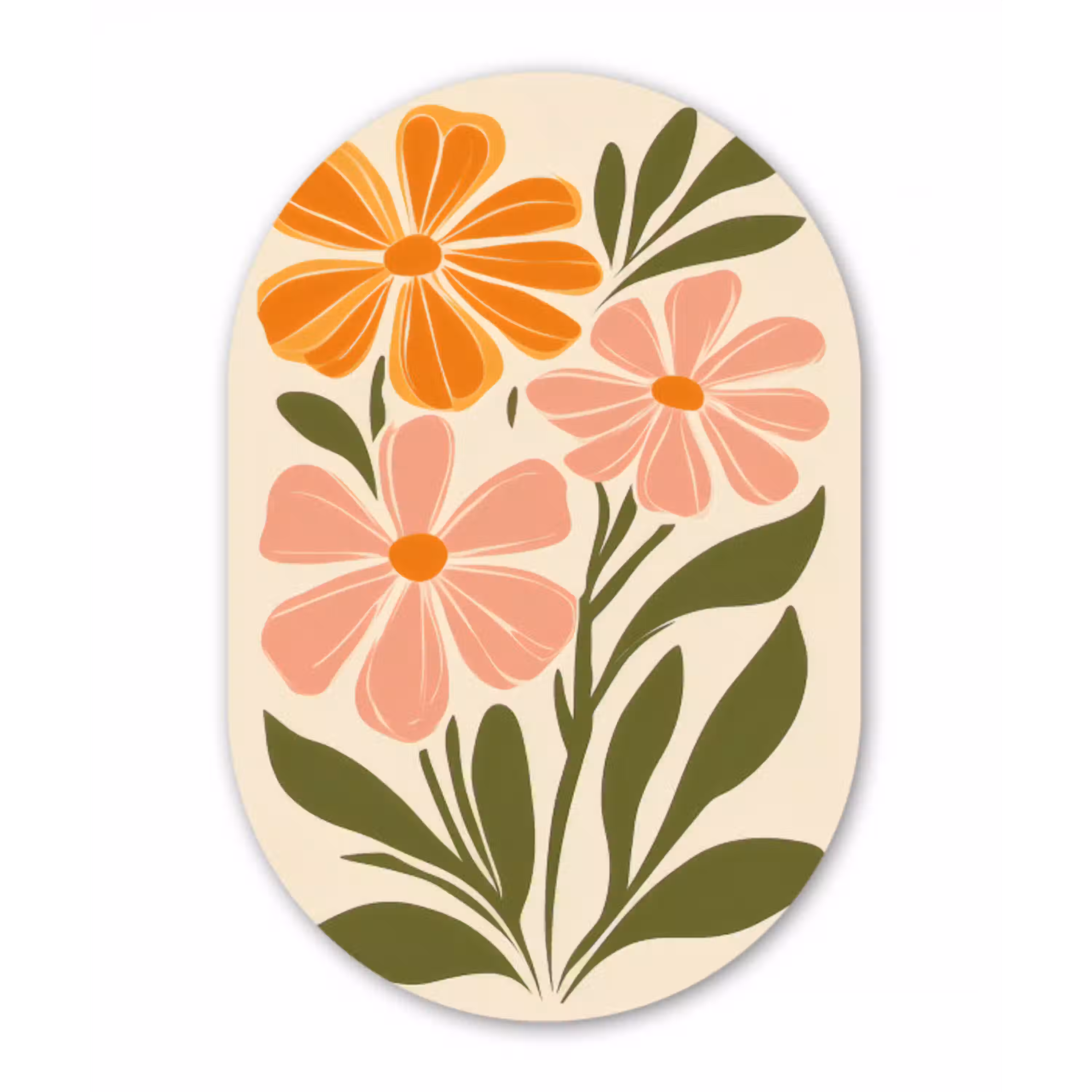 Minimalistisch - Bloemen - Bladeren - Roze Wandcirkel Ovaal Glas middel -3d