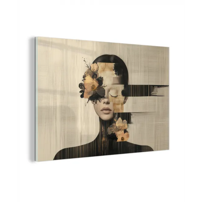Glas schilderij - Gezicht - Bloemen - Zwart - Vrouw