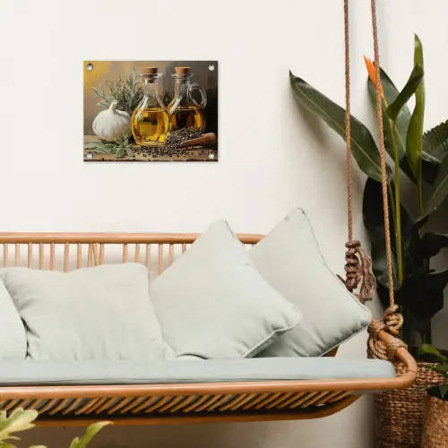 Stilleven - Olijfolie - Knoflook - Kruiden tuinposter los doek klein -sfeer7