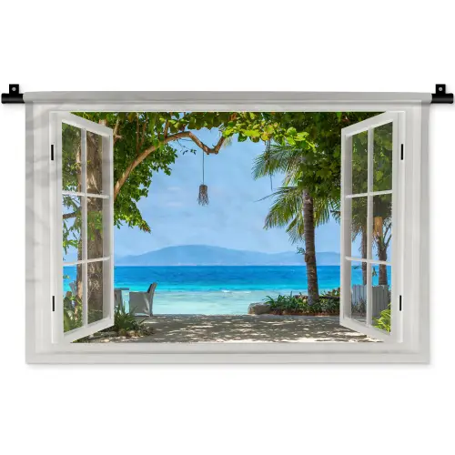 Doorkijk - Boom - Zee - Palmboom - Heuvels - Strand - Blauw Wandkleed katoen klein -zz3d