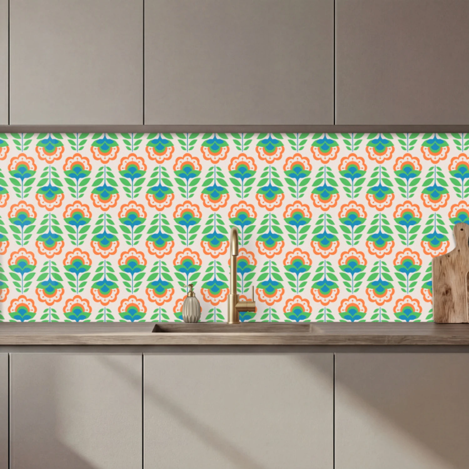 Retro - Bloemen - Design - Groen - Oranje keuken achterwand 2 middel 871 zz_3dshopping