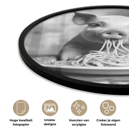 Varken - Schattig - Spaghetti - Zwart wit - Dier Fotolijst rond zonder passe partout klein -closeup_NL
