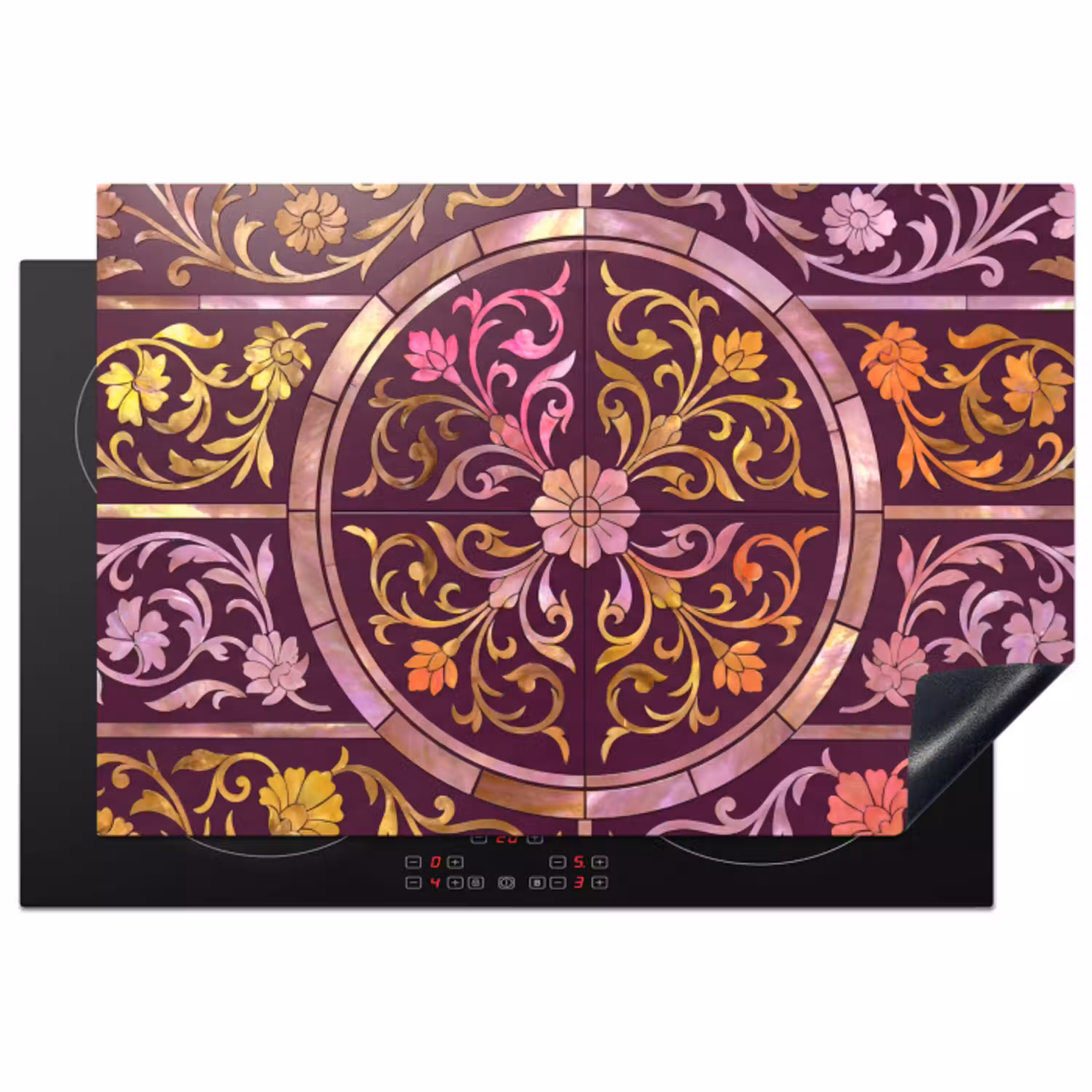 Patroon - Floraal - Oosters - Paars - Goud Inductie beschermer vinyl 3mm klein -3d