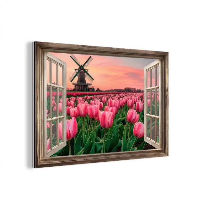 Doorkijk - Tulpen - Bloemen - Molen - Raam aluminium wit klein -3d