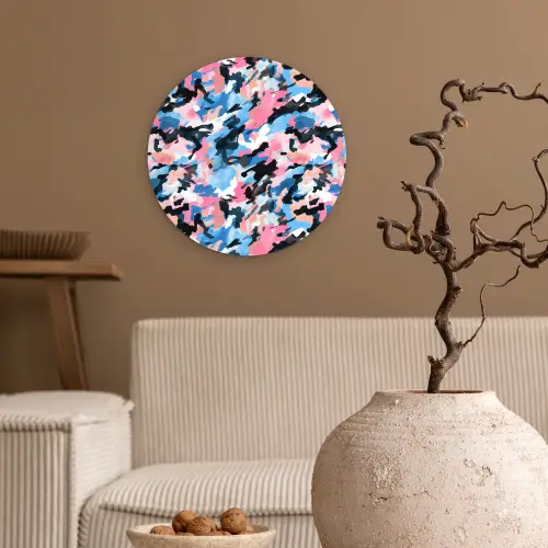 Roze - Blauw - Camouflage Wandcirkel plexiglas klein 852 -sfeer1