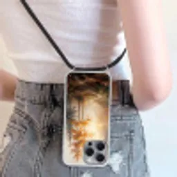 Bospad - Herfstbladeren - Natuur - Schilderachtig - Oranje Hoesje iPhone 16 Pro Max met koord klein -sfeer5