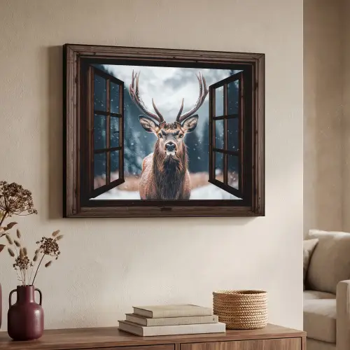 Doorkijk - Hert - Dieren - Landschap - Winter - Sneeuw - Landelijk Textielframe zwart klein -sfeer3