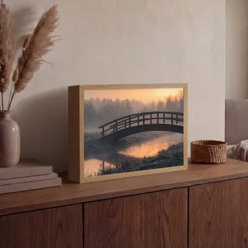 Brug - Mist - Bomen - Water Light Box met batterij (Wandlamp) middel -sfeer2