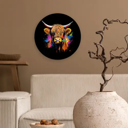 Schotse Hooglander - Graffiti - Kleurrijk - Bloem - Dieren Wandcirkel plexiglas klein -sfeer1