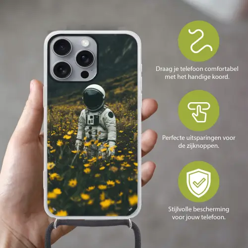 Astronaut - Bloemen - Veld - Geel Hoesje iPhone 16 Pro Max met koord klein -sfeer2_NL