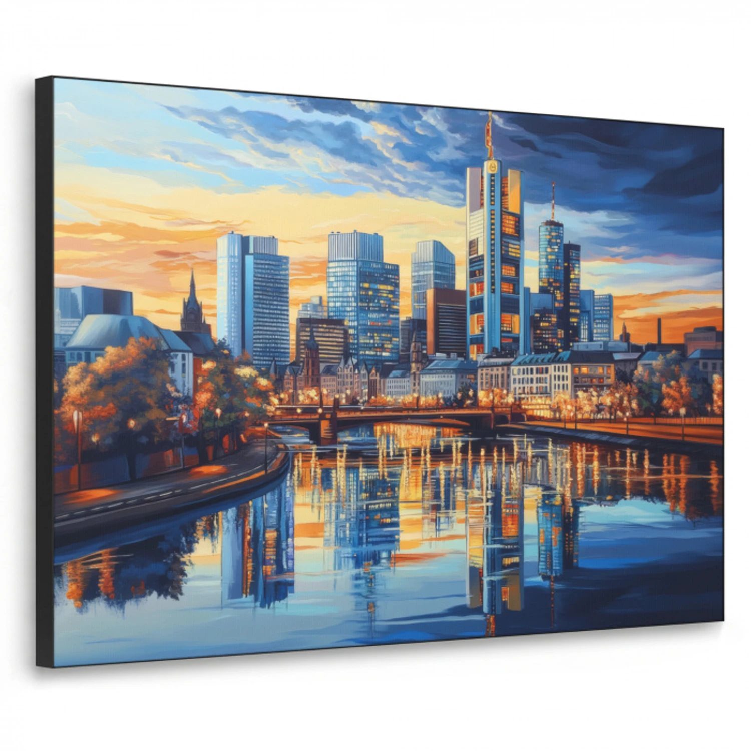 Zonsondergang Frankfurt - Stad - Skyline - Water Textielframe zwart klein -3d