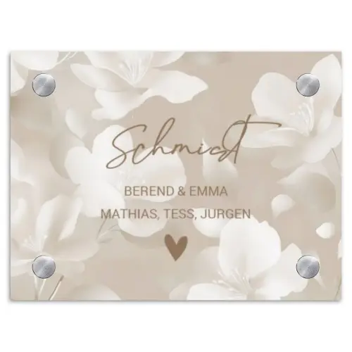 Beige bloemen - Sierlijk Naambord Rechthoek middel -3d
