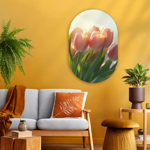 Tulpen - Roze - Zonnestralen Wandcirkel Ovaal Glas middel -sfeer4