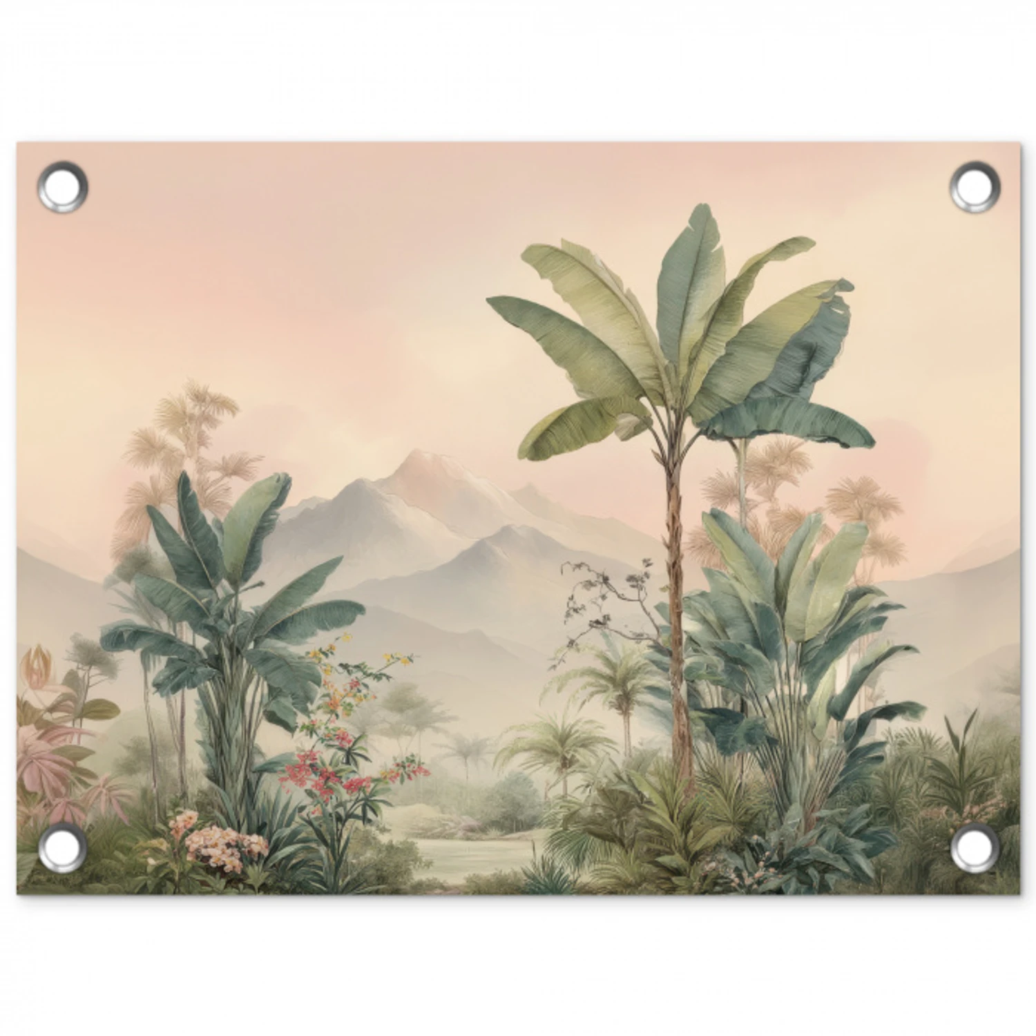 Tropisch landschap - palmbomen - Bloemen - Roze lucht tuinposter los doek klein -3d