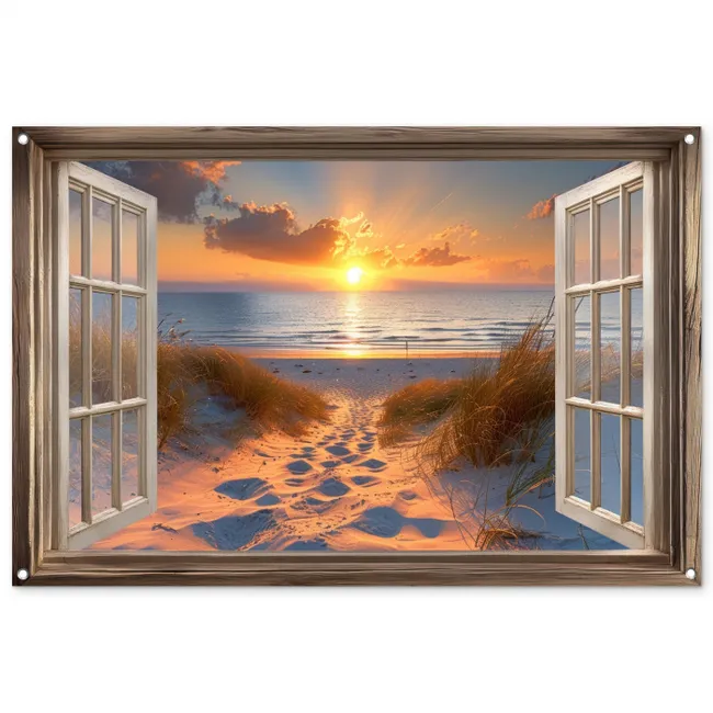 Tuinposter - Doorkijk - Strand - Duinen - Zonsondergang