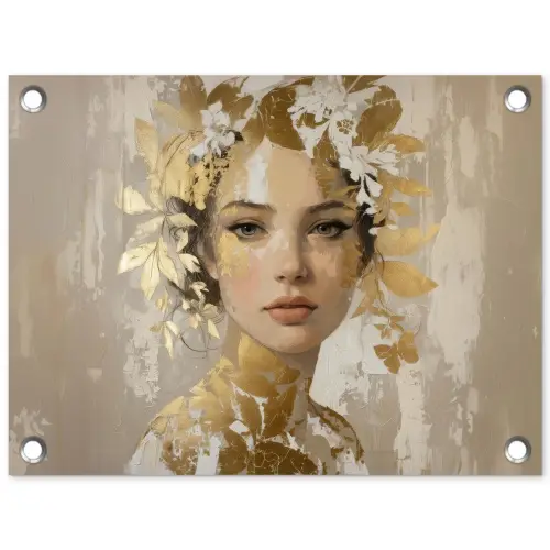 Gezicht - Vrouw - Bladeren - Goud tuinposter los doek klein -3d