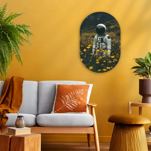 Astronaut - Bloemen - Veld - Geel Wandcirkel Ovaal Forex klein -sfeer4