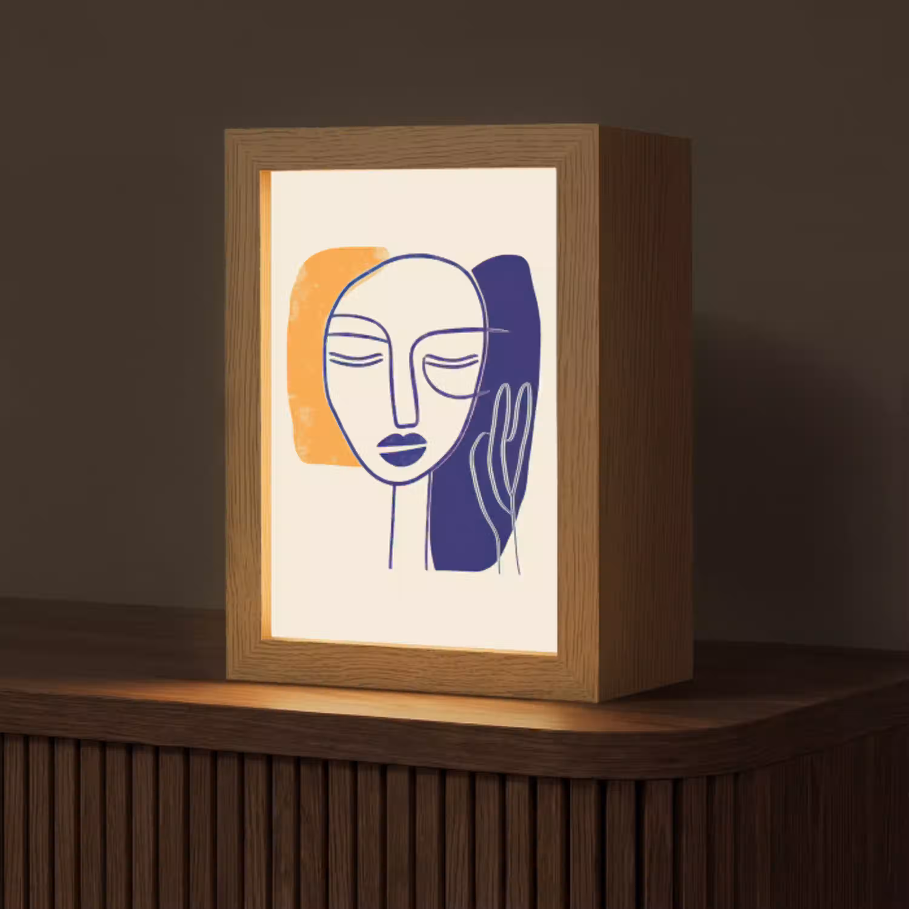 Minimalistisch - Gezicht - Hand - Oranje - Blauw Light Box met kabel (Tafellamp) klein -z3d_website