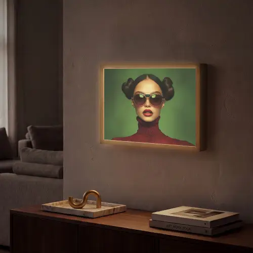 Vrouw - Groen - Bril - Aesthetic - Modern Light Box met batterij (Wandlamp) middel -sfeer1
