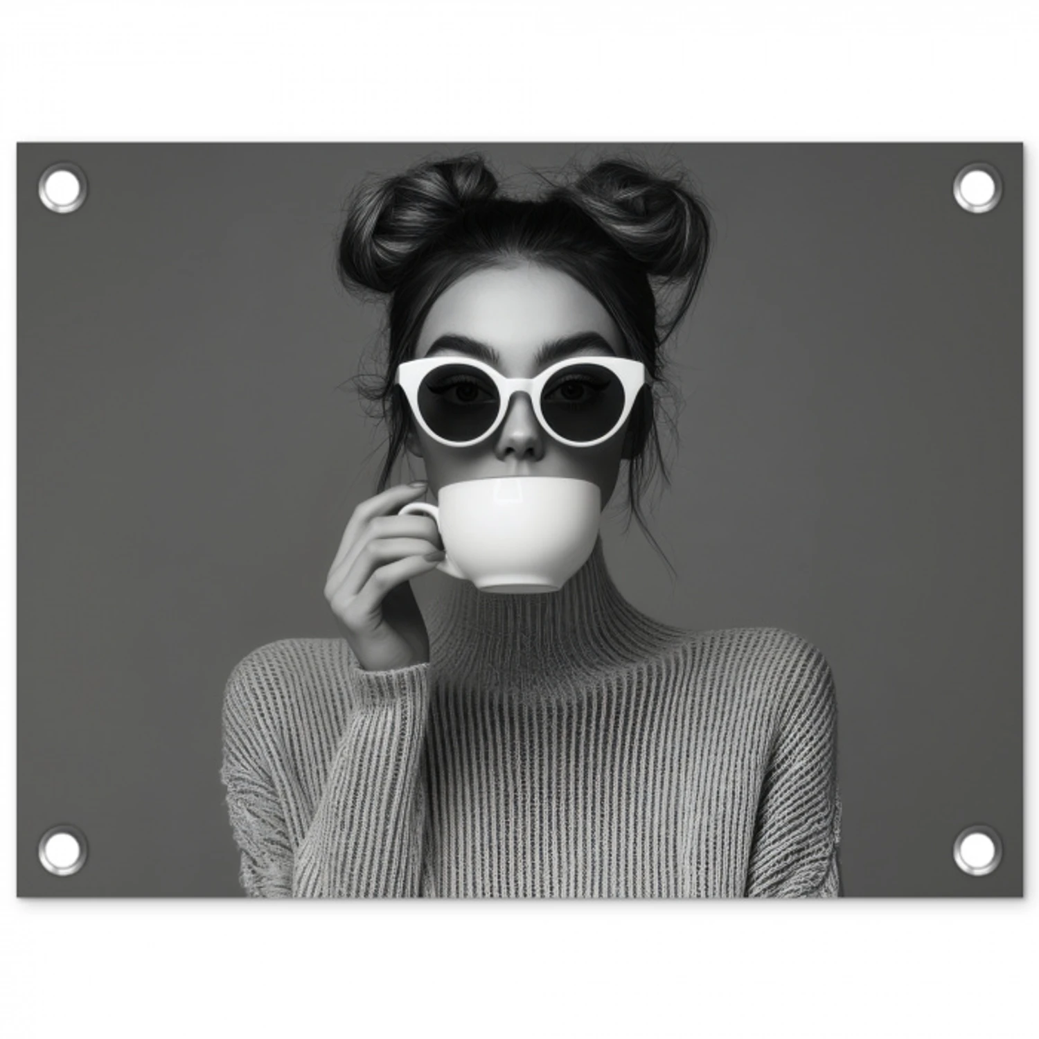 Vrouw - Koffie - Zwart - Wit tuinposter los doek klein -3d