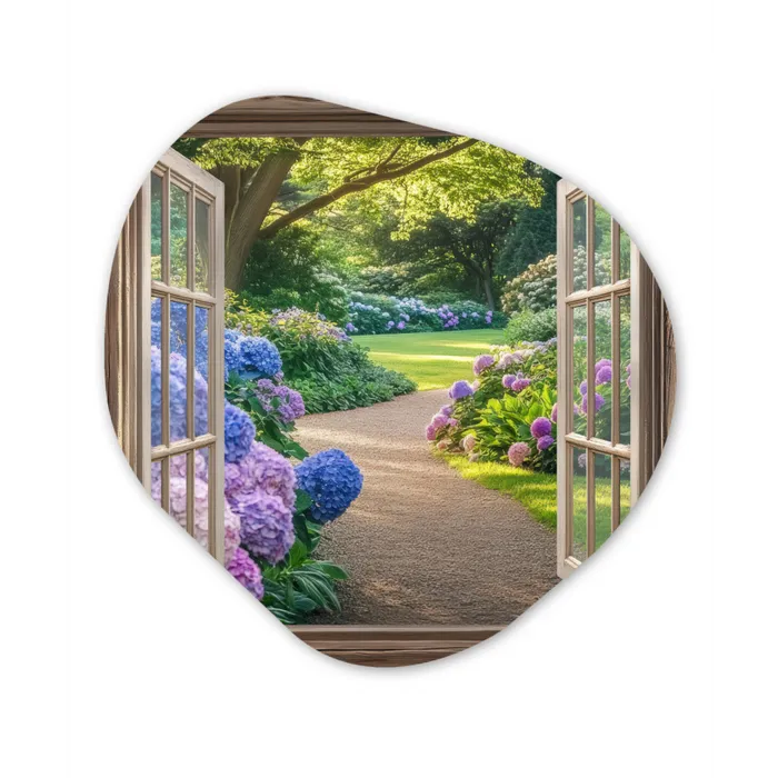 Doorkijk - Tuin - Raam - Hortensia - Bloemen Wandcirkel Organisch Aluminium middel -3d
