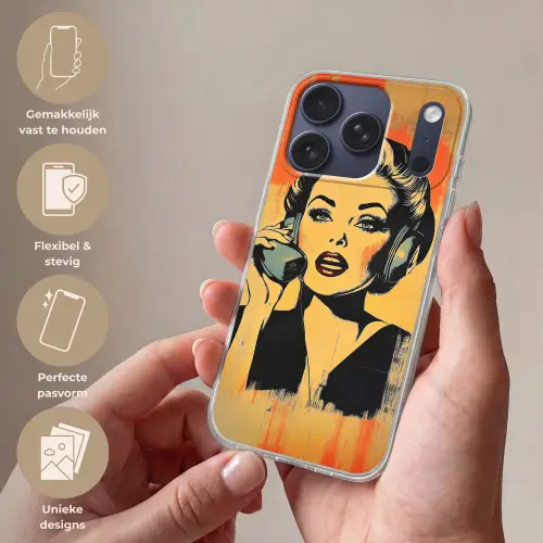 Retro - Vrouw - Koptelefoon - Oranje Telefoonhoesje iPhone 17 Pro klein -sfeer3_NL