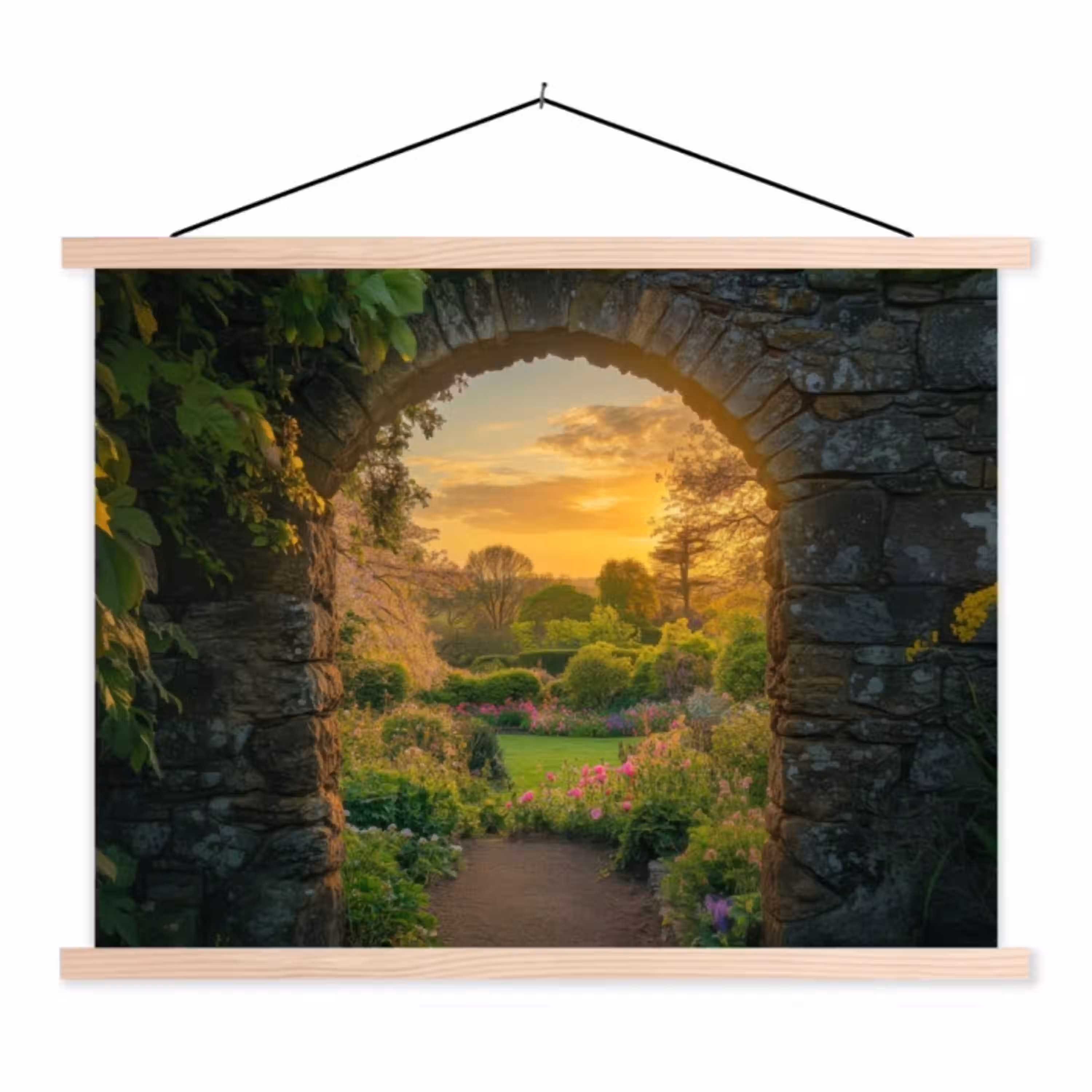 Poort - Planten - Zonsondergang textielposter latten blank klein -3d