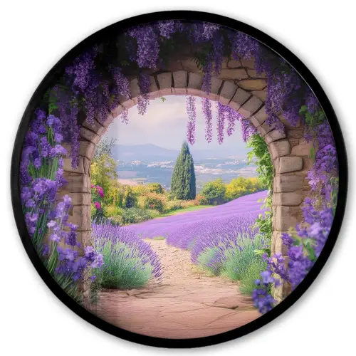 Doorkijk - Lavendel - Bloemen - Paars - Poort Fotolijst rond zonder passe partout klein -3d