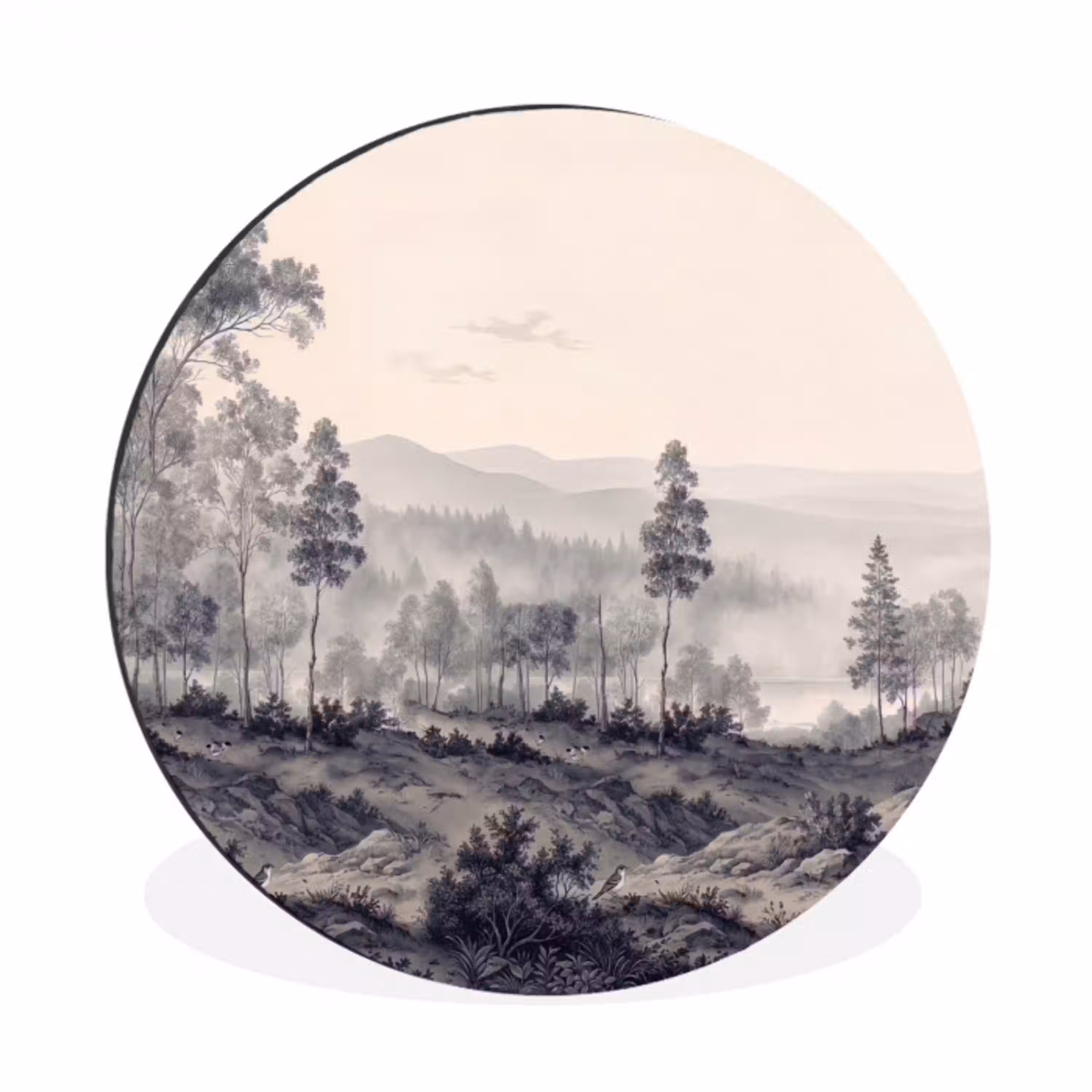 Mistig - Berglandschap - Illustratie Wandcirkel aluminium klein -3d